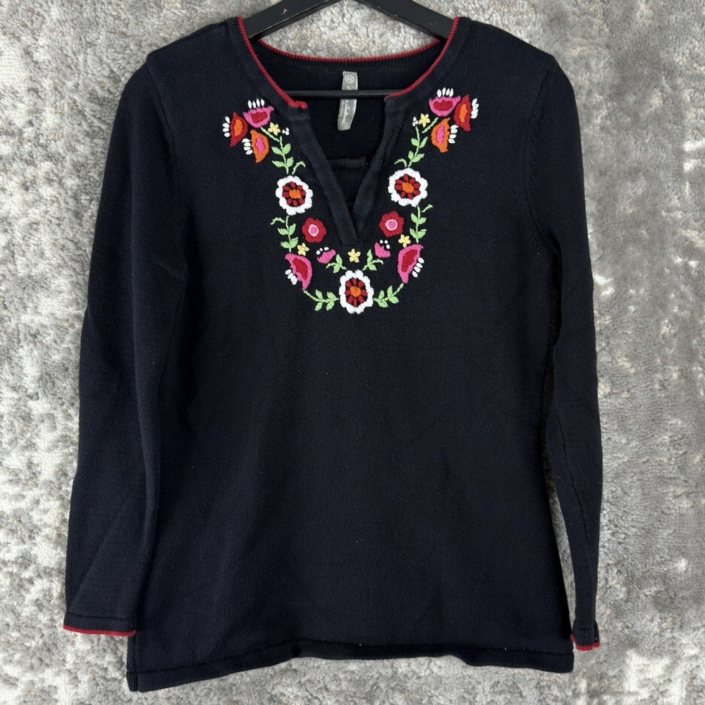 Hanna Andersson Sz XS Embroidered Floral V-Neck Sweater Black Long Sleeve Womens